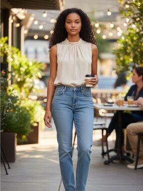 SAINT TROPEZ Sleeveless Cream High-Neck Top small